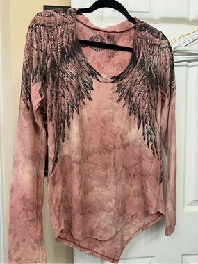 Affliction women’s LS Feather Graphic Top